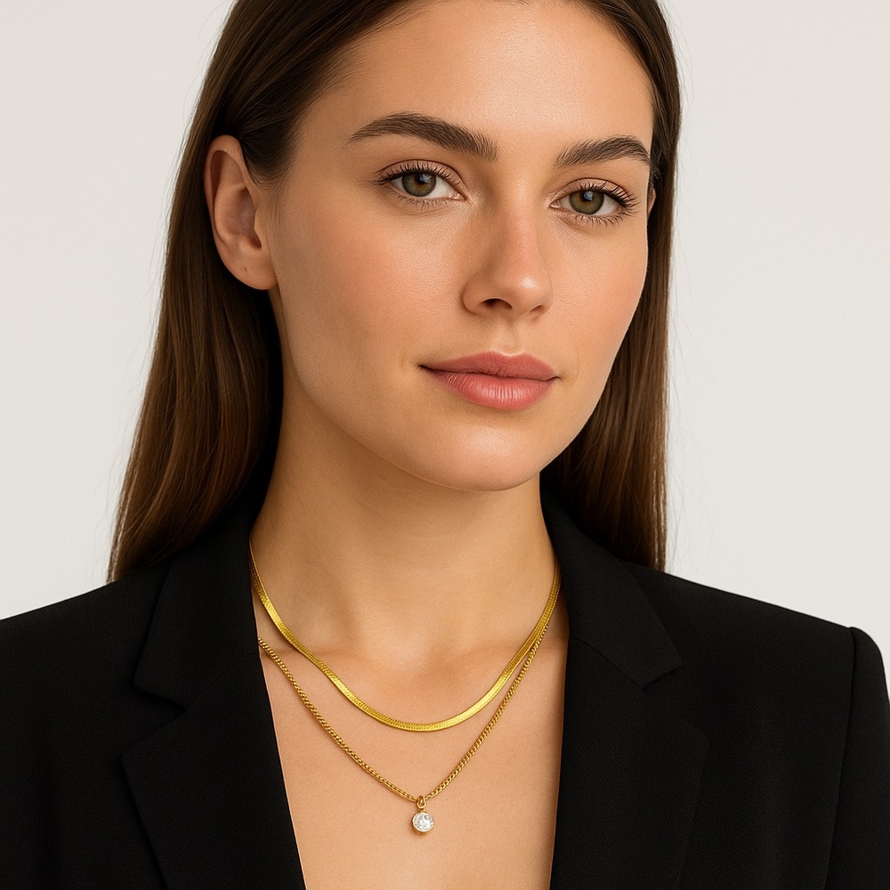 NEW 18K GOLD PLATED DOUBLE LAYER SNAKE + CUBAN CHAIN NECKLACE W/CHARM – “LUXÉNA”